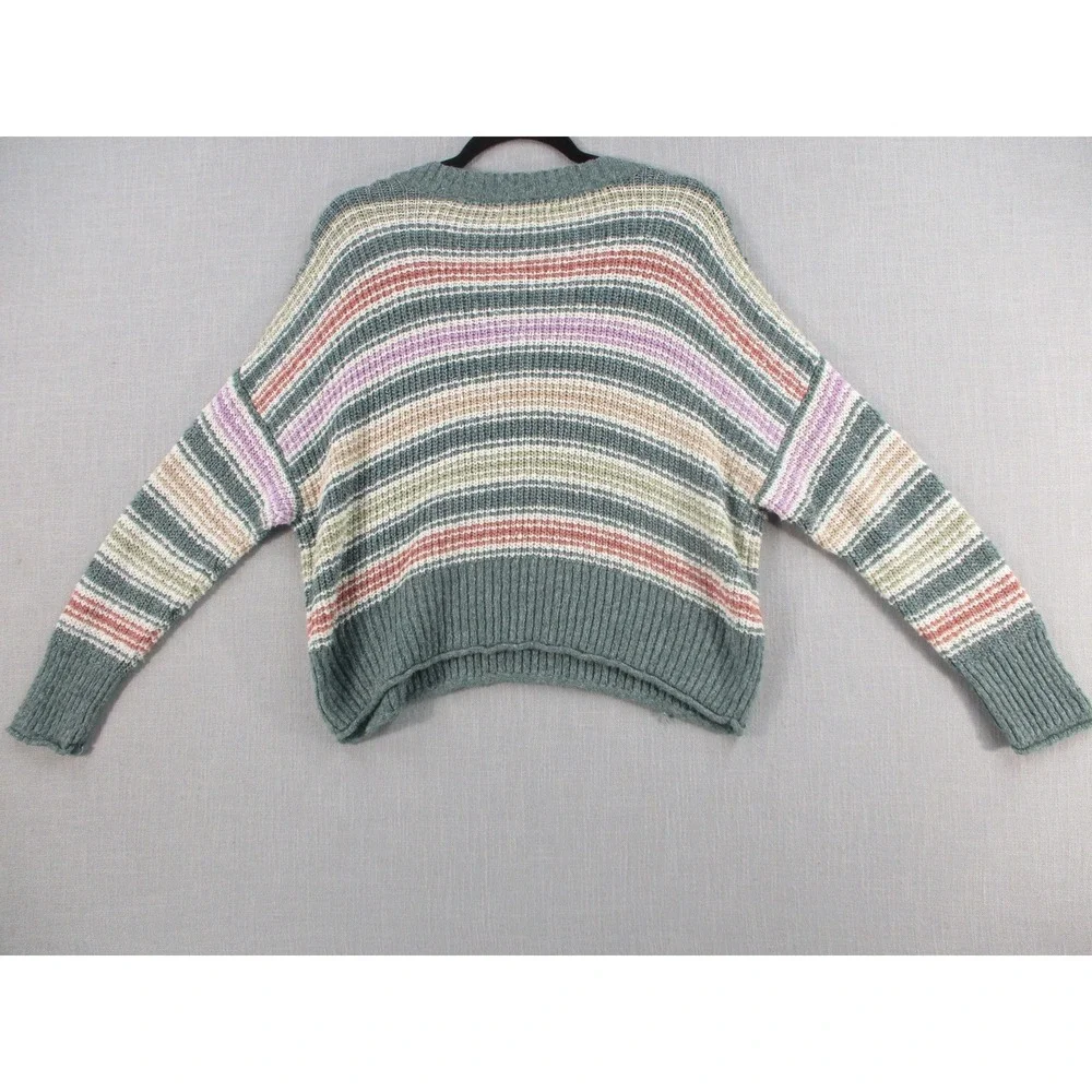 American Eagle Striped V-Neck Sweater Womens Medium Green Pink Knit Pullover